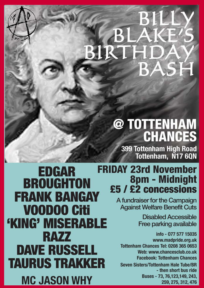 Mad Pride Gig feat. Edgar Broughton at Tottenham Chances on 23rd November 2012 - Edgar Broughton - Frank Bangay - Voodoo Citi - Dave Russell - Taurus Trakker - King Miserable - RazzS- MC Jason Why