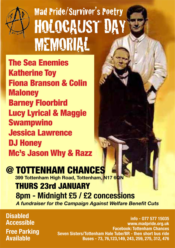 Gig - Holocaust Day Memorial 2014 -  at Tottenham Chances on January 23rd 2014 - The Sea Enemies / Katherine Toy / Fiona Branson and Colin Maloney / Barney Floorbird / Lucy Lyrical and Maggie / Swampwino / DJ Honey / The Bonnie Sisters Social Club / Broken Biro / Lady Beard & the Wall of Crisps / Mc's Jason Why and Razz